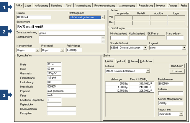 Materialstammdaten in Prinance